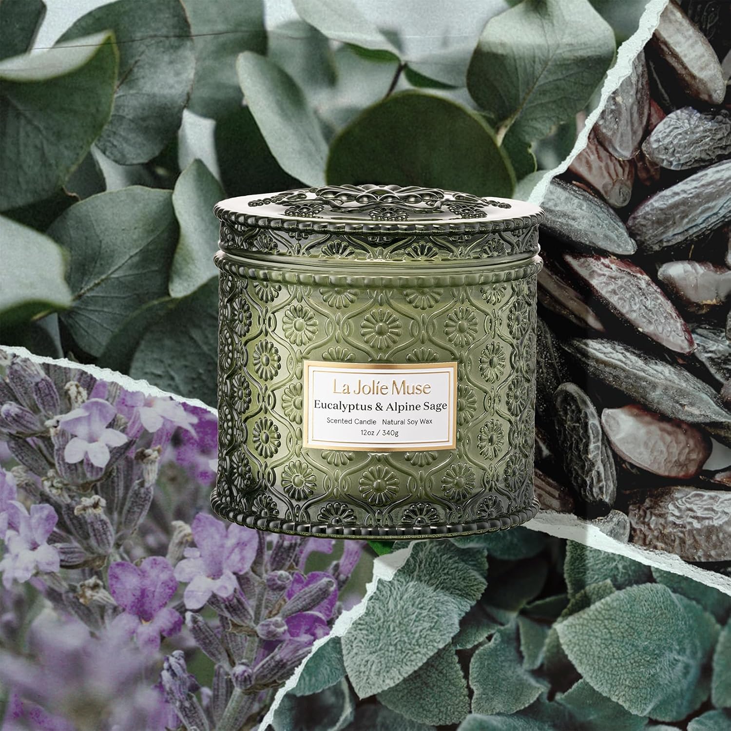 LA JOLIE MUSE Bougie parfumée à l'eucalyptus et à la sauge alpine pour la maison, grandes bougies de soja à 2 mèches, cadeau de luxe pour homme et femme, 60 heures de combustion, 340,2 g Eucalyptus et sauge alpine