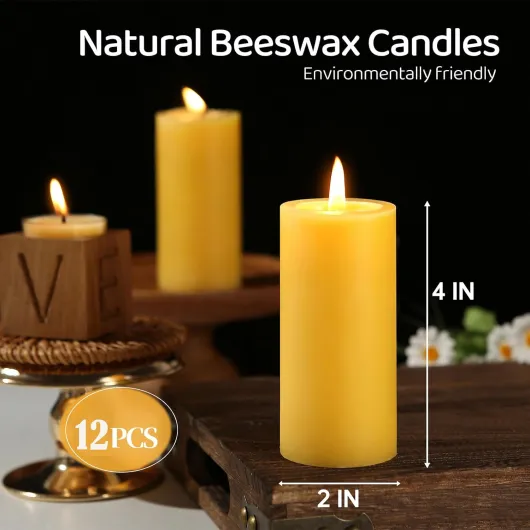 Lot de 12 bougies piliers en cire d'abeille naturelle, 100 % pure cire d'abeille, 420 heures de combustion, bougies en cire d'abeille non parfumées pour la maison, prière, urgence, bougies piliers Jaune 2x4in-12pack