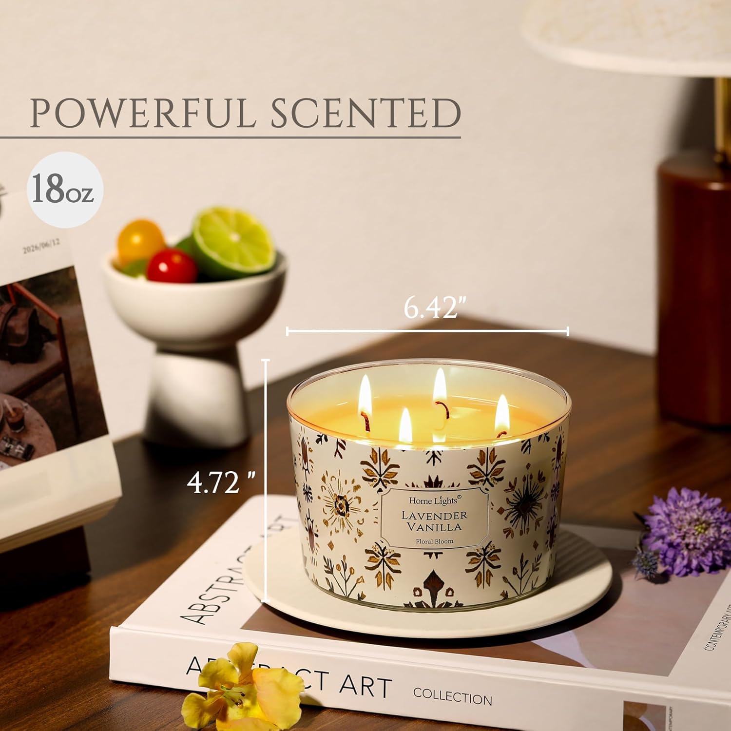 HomeLights Grande bougie en pot - Bougies parfumées longue durée à 4 mèches, 18oz, en cire de soja naturelle, pour une ambiance parfumée, textures naturelles bohèmes Lavande Vanille 510g 4-wick Lavande Vanille