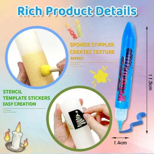 Kit de peinture pour bougies 10 ml avec autocollants prédécoupés et outils en éponge - Stylos à cire idéal pour la décoration et la création de bougies colorées (24 couleurs)