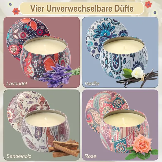 Bougies Parfumées Cadeau pour Femme - Lot de 4 Coffret Bougies Noel Chaque 4,4 oz D'Aromathérapie en Cire de Soja Parfumée Naturelle Bougie Cadeau pour Noël Maman Maitresse Decorative Maison 04-floral