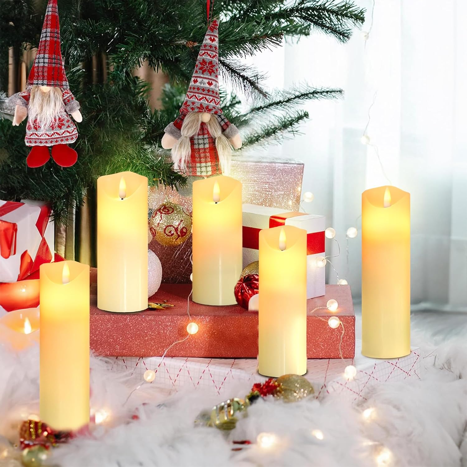 Bougies à LED de Da by, Ensemble de 5 Bougies décoratives (14 cm, 15 cm, 16 cm, 18 cm, 20 cm), Bougie sans Flamme de avec télécommande à 10 Touches.Flamme LED Clignotante, Faite de Vraie Cire Ivoire