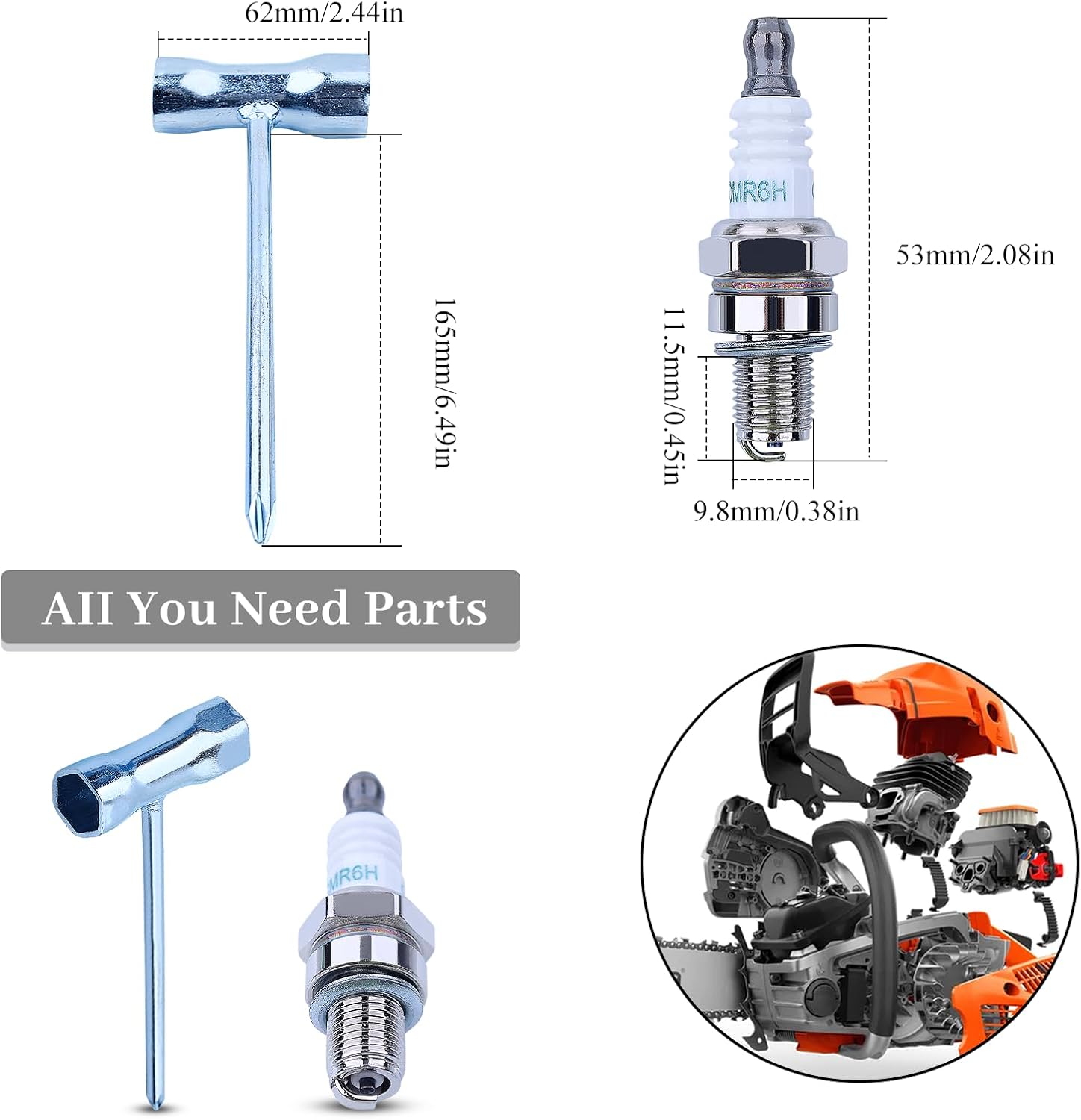 Bougie d'Allumage pour NGK, 3365 CMR6H, 3x Bougies + 1 Clé à Douille, Iridium, Compatible avec Stihl/Bosch/Honda/Husqvarna/Echo, Tondeuse à Gazon ou Tronçonneuse