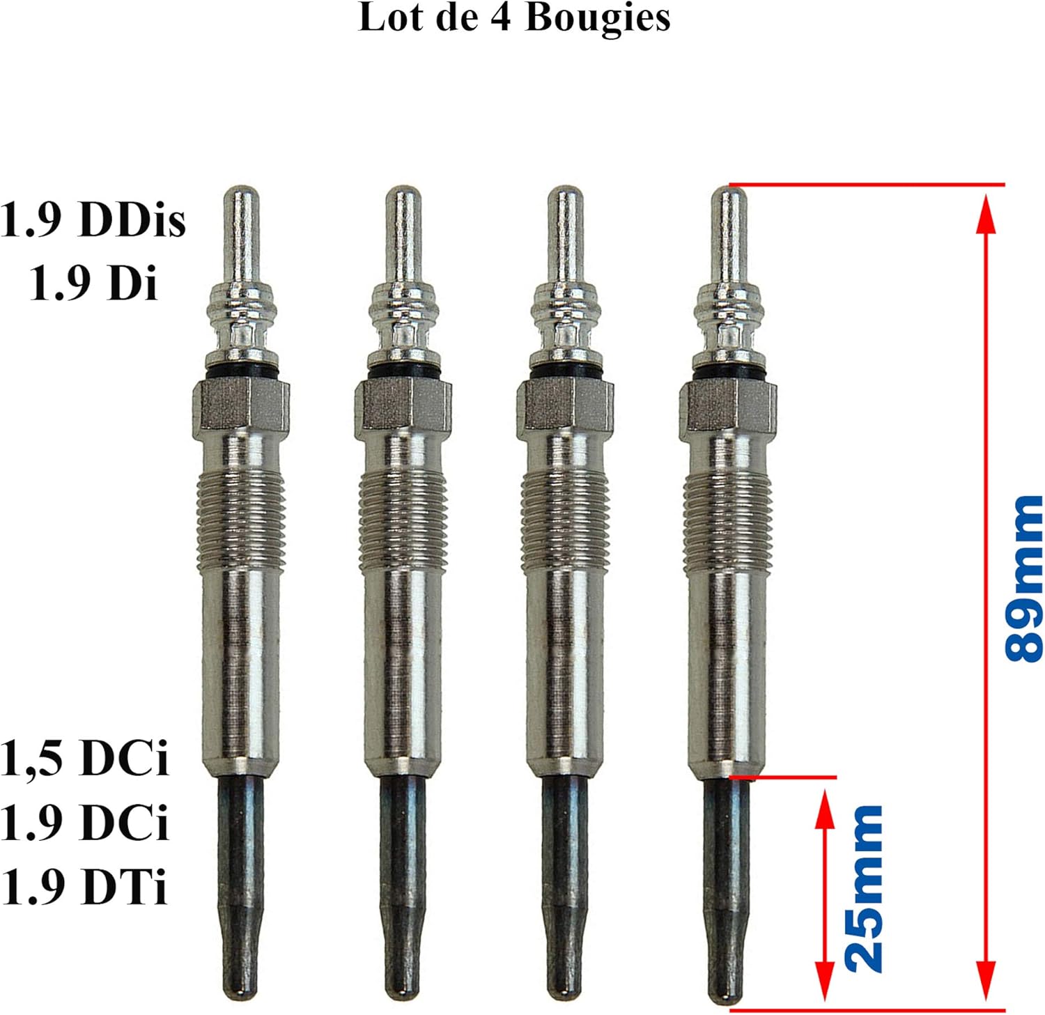 (Lot de 4) Bougie de préchauffage compatible avec CLIO 2 ESPACE KANGOO LAGUNA SCENIC TRAFIC MASTER 2 DUSTER LOGAN SANDERO ALMERA MICRA NOTE QASHQAI MOVANO VIVARO S40 V40 1,5 1,9 Dci Dti Ddis Di