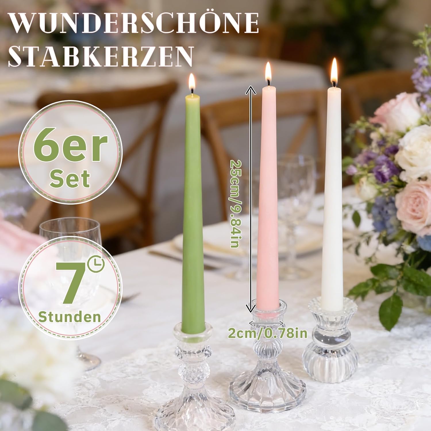 6 Bougies Bâtons 10 pouces, Durée de combustion 7-8h, Bougies de Table Coniques en Paraffine Premium, Vertes pour Bougeoirs et Décoration