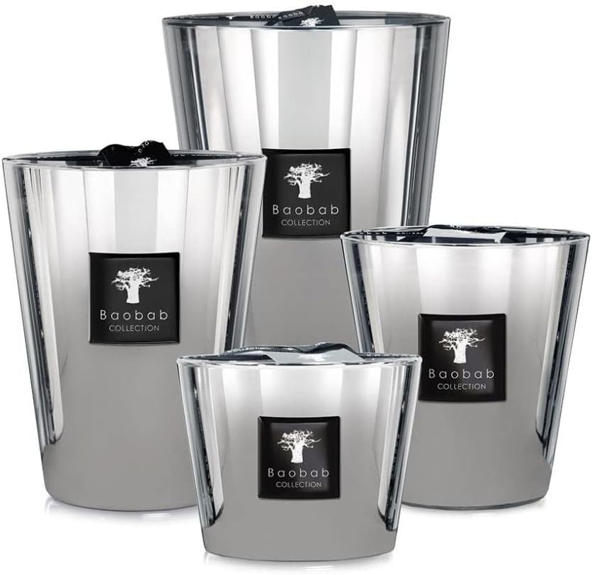Baobab Les Exclusives Platinium Max 24 Bougie parfumée Ambre et pamplemousse Vetiver Durée de combustion 400 heures Hauteur 24 cm MAX24PLA