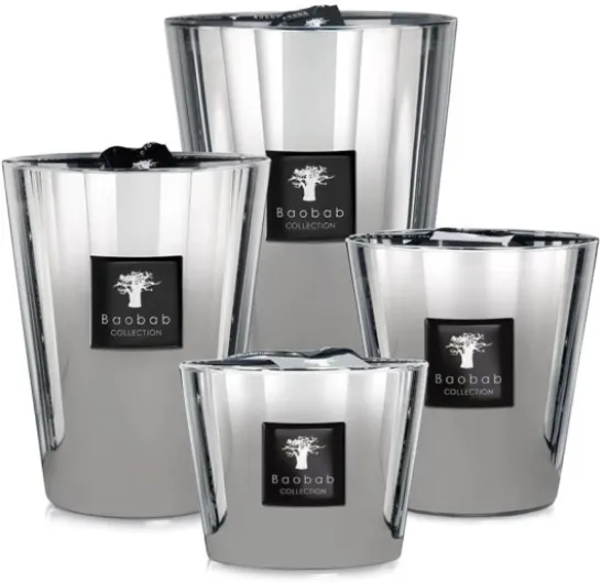Baobab Les Exclusives Platinium Max 24 Bougie parfumée Ambre et pamplemousse Vetiver Durée de combustion 400 heures Hauteur 24 cm MAX24PLA
