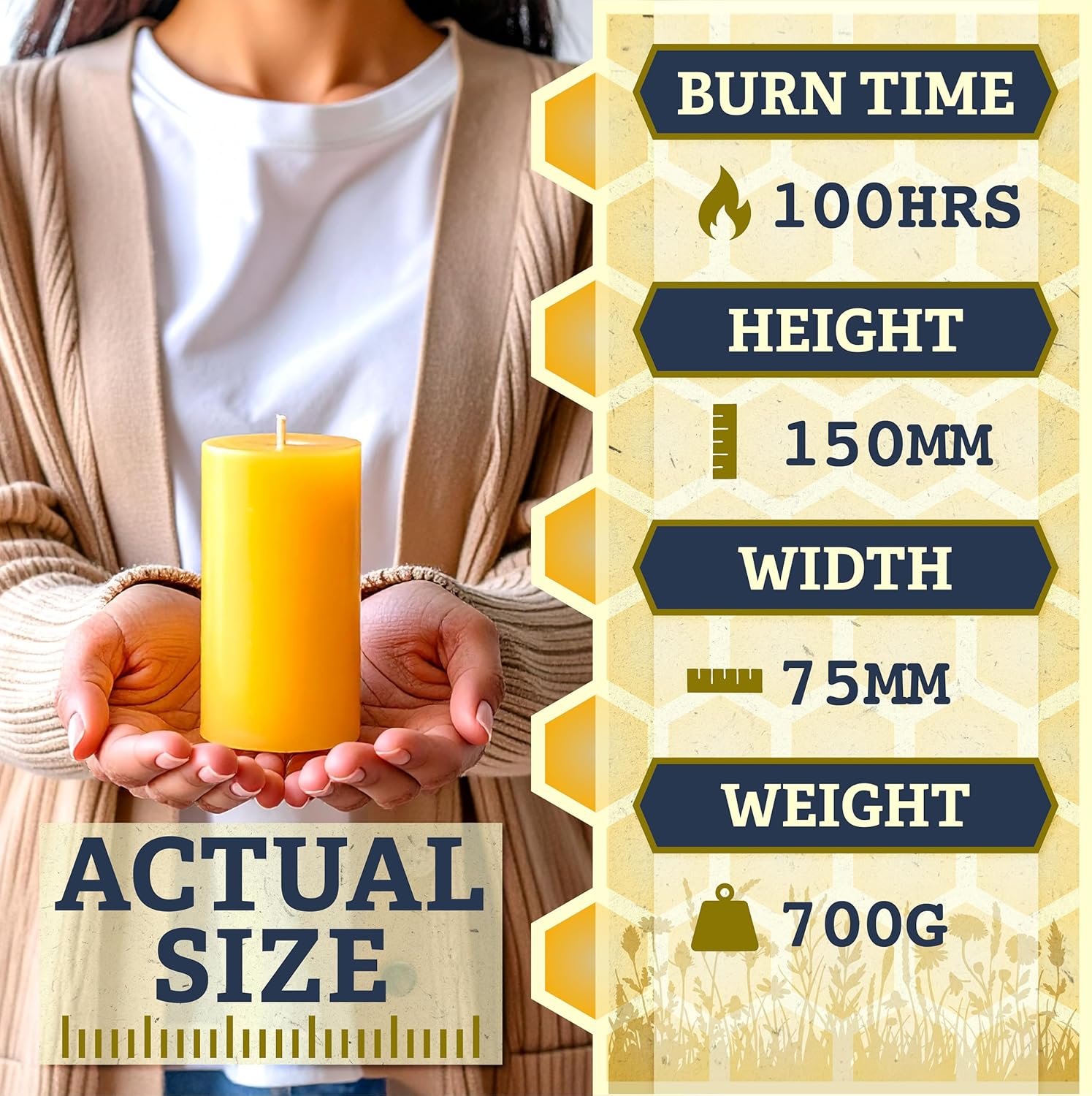 Bougie pilier en cire d'abeille pure de 100 heures – Fabriquée à la main au Pays de Galles – Bougies en cire d'abeille naturelle pour décoration d'intérieur – Parfait pour la détente et l'ambiance 100hr candle