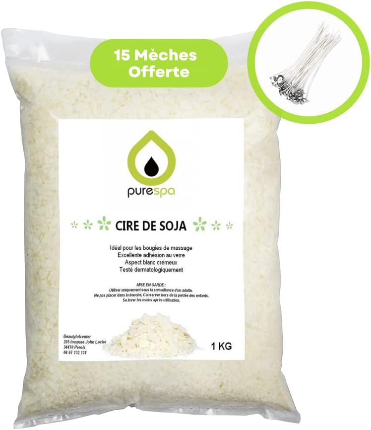 Purespa Cire de soja Naturelle - Cire à Bougie Premium écologique pour Fabrication de Bougies (Sachets de 1K + 15 Mèches Offerte) 1 Sachet de 1K + 15 Mèches Offerte