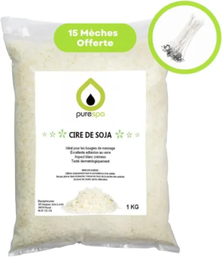 Purespa Cire de soja Naturelle - Cire à Bougie Premium écologique pour Fabrication de Bougies (Sachets de 1K + 15 Mèches Offerte) 1 Sachet de 1K + 15 Mèches Offerte