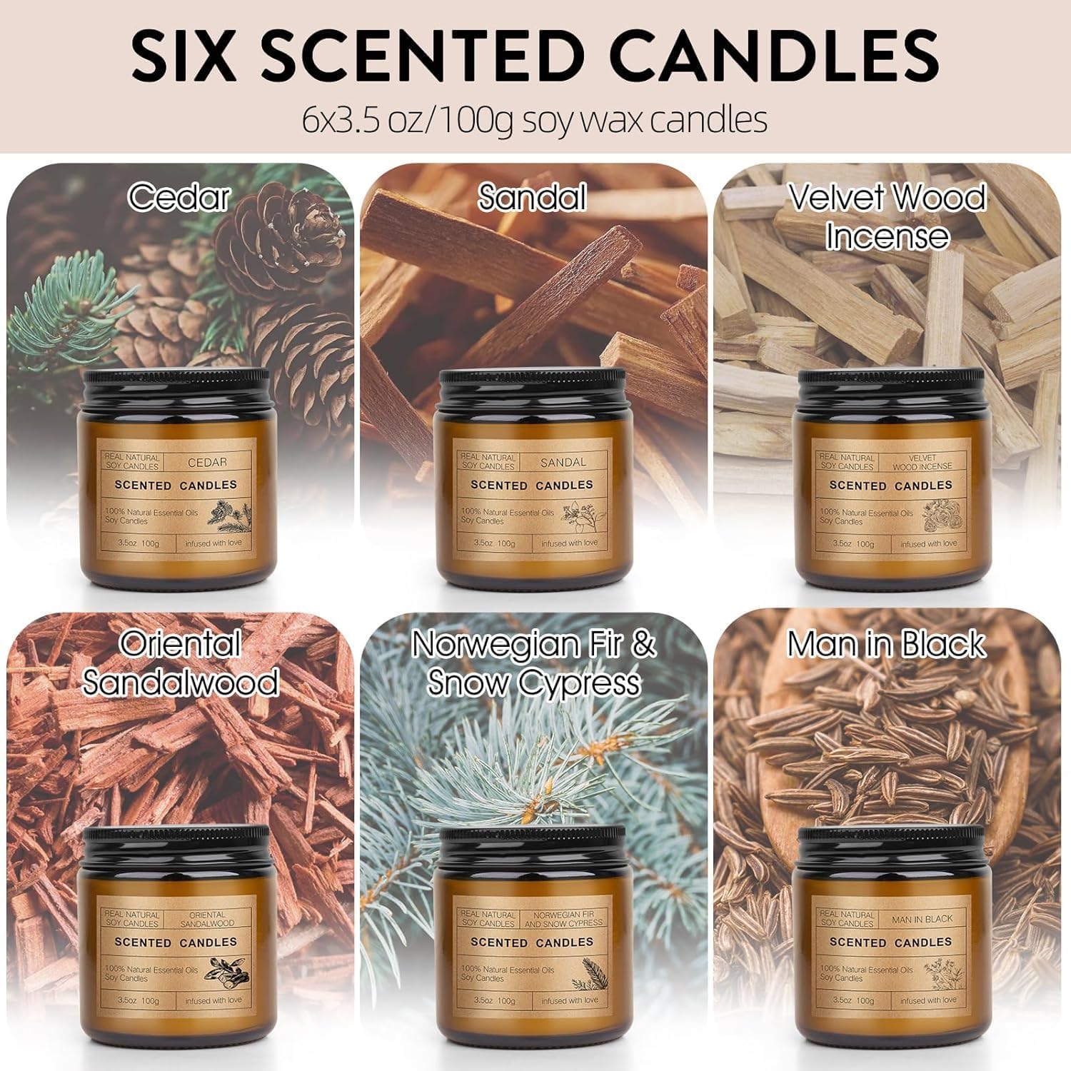 6 Pcs Bougie Parfumées, 6 x 100 g de Cire de Soja, La Durée Totale de Combustion est de 120 Heures - Pour Homme et Femme - Petits Cadeaux Pour Anniversaire, Fête des Mères, Fête des Pères