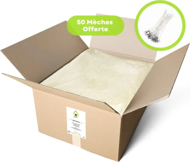 Purespa - Cire de soja Blanc - Naturel - écologique - 5 kg - + 50 Mèches 35mm - Cire Premium - Fabrication Bougies - Bougies de Massage de Printemps