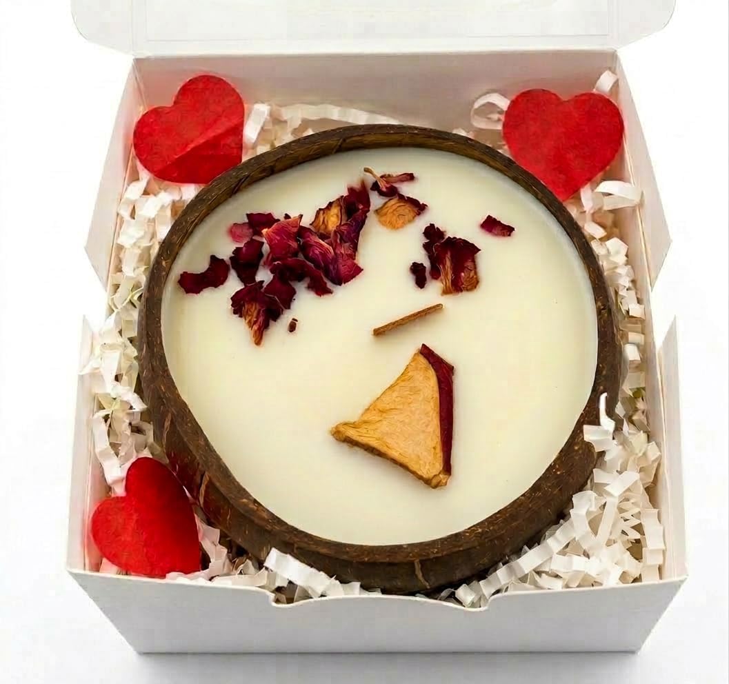 Bougie parfumée artisanale en noix de coco – Cire de soja 100% végétale, ~40 h – Végan, sans phtalates/CMR – À planter (graines + terreau inclus) – MAFLOREA (Pomme d’Amour - Édition Cadeau Premium)