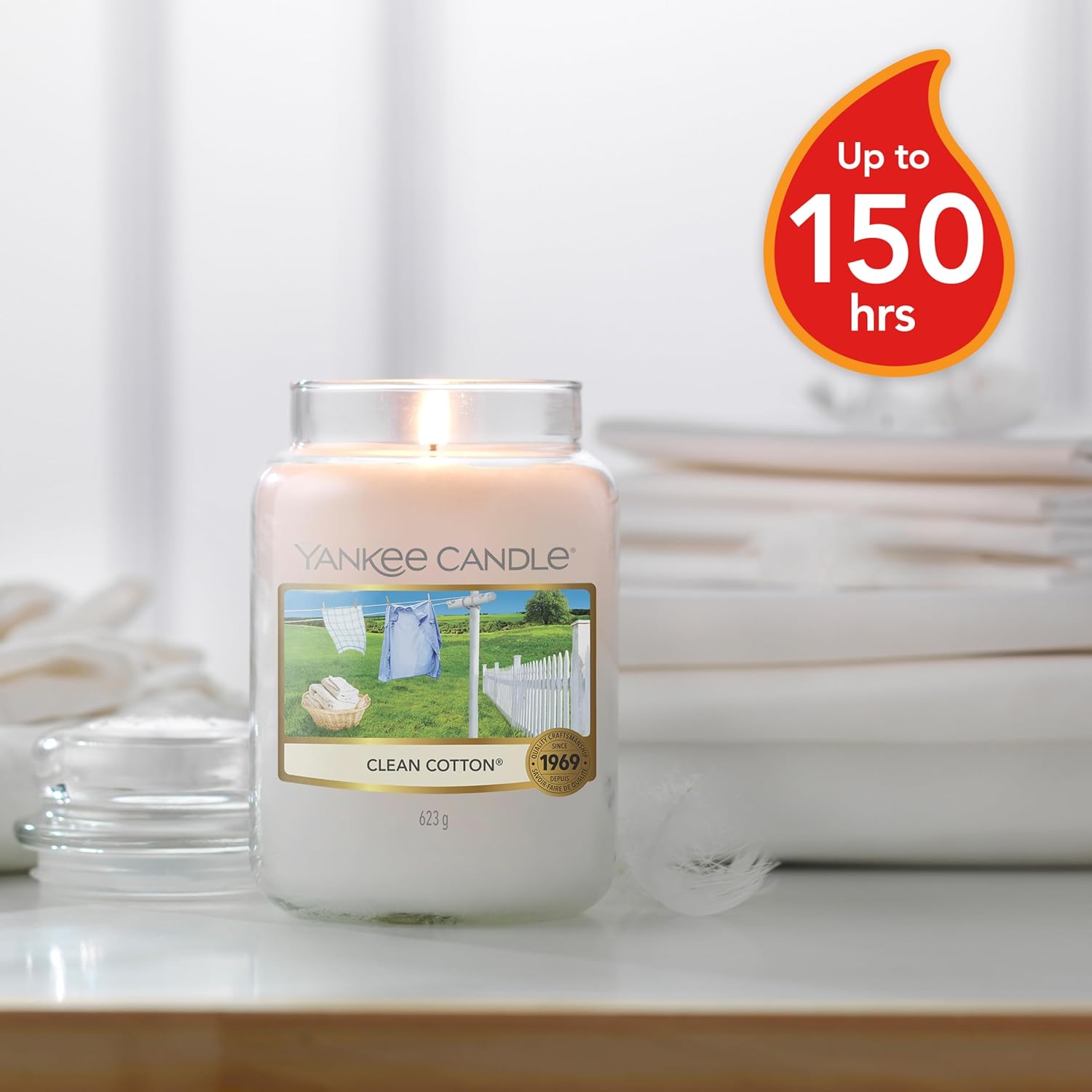 Bougie parfumée Coton fraichement lavé - Format jarre - Bougie longue durée jusqu’à 150 heures de combustion - Cadeaux pour femmes