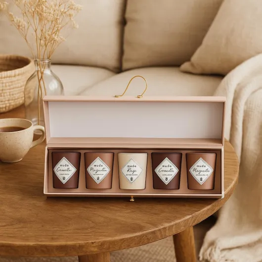 Coffret Cadeau de Bougies Parfumées de Luxe – Boîte de 5 Bougies en Coffret Cadeau – Bougies Décoratives – Set Cadeau – Beige