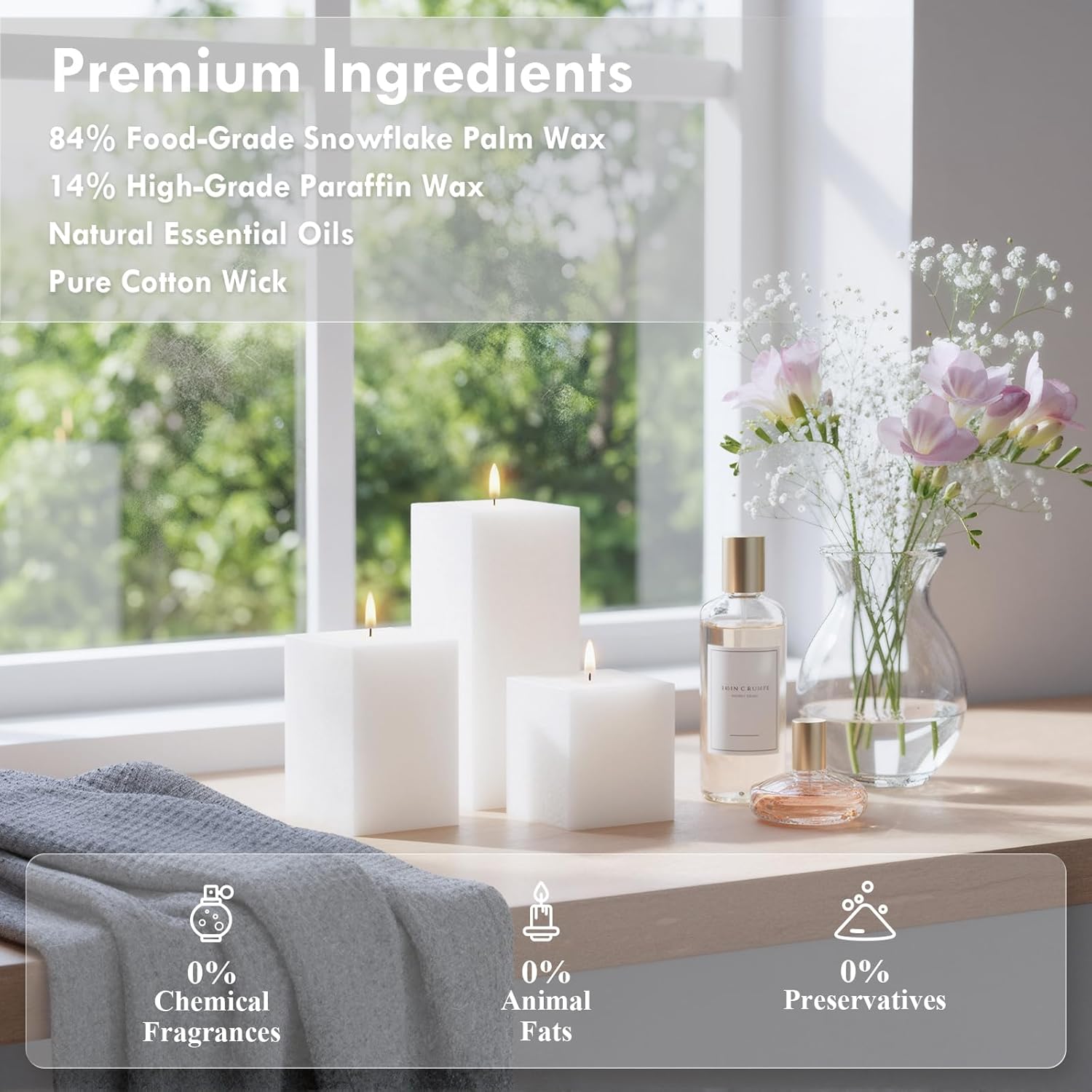 Lot de 3 Bougies Parfumées en Colonne, Parfum Freesia Élégant et Frais, Bougie Décorative Longue Durée 45H, Mèche en Coton Pur, Cadeau Luxe pour Femme et Décoration Intérieure