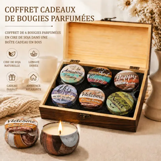 Lot de 6 Bougies Parfumées pour Femme Coffret Noel Bougie Parfumée Mariage Naturelle Cadeaux de Remerciement Anniversaire Senteur Maison Idée Cadeau avec un Texte Parfait Coffret Bougies en Bois