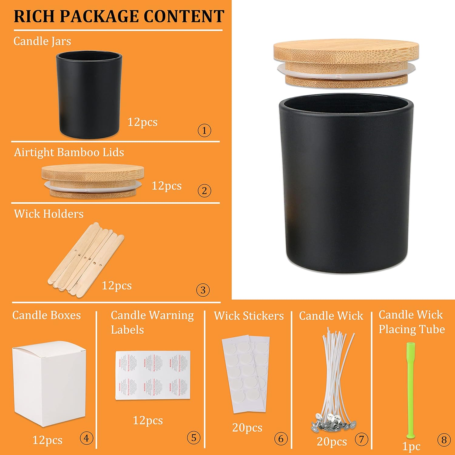 Milivixay Lot de 12 pots à bougies en verre noir mat de 350 ml avec couvercles et kits de fabrication 12oz Noir Mat