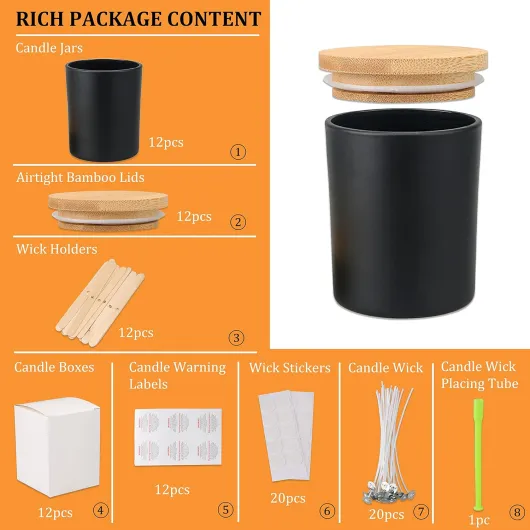 Milivixay Lot de 12 pots à bougies en verre noir mat de 350 ml avec couvercles et kits de fabrication 12oz Noir Mat