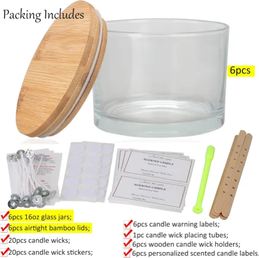 MILIVIXAY Lot de 6 Pots à Bougies de 473,6 g Avec Couvercles en Bambou et Kits de Fabrication - Pots en Verre Épais Transparent à 3 Mèches Pour Grandes Bougies 16 oz claire