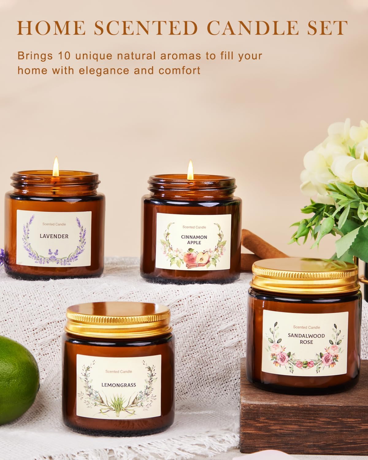 Bougies Parfumées Cadeau Femme, Lot de 10 Bougie Pot en Verre, 100x10g Coffret cadeau Bougie Parfumées, Aromathérapie Cadeau D'Anniversaire pour Noël, Salle De Bain, Spa et Méditation(250 heures) 10 Pcs Verre Ambré 100 G