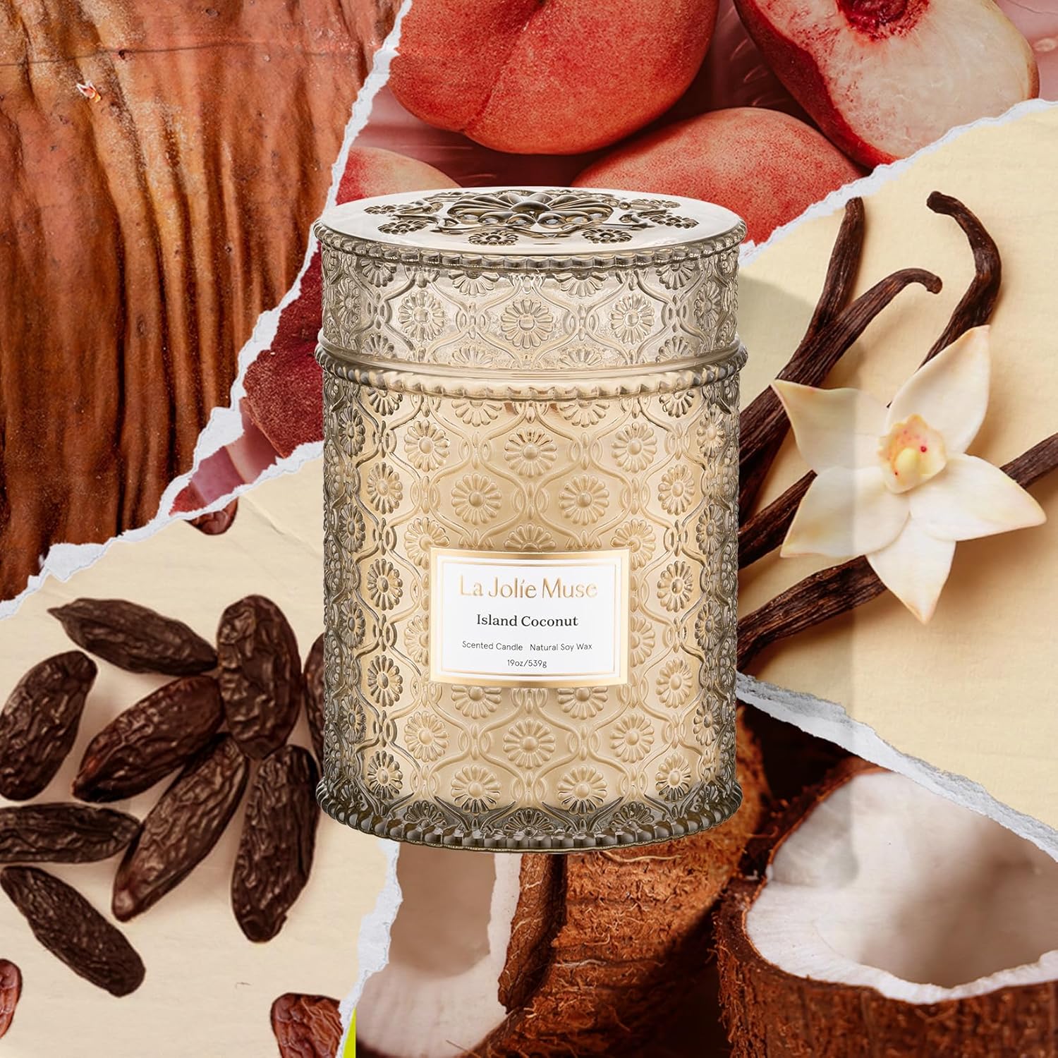 LA JOLIE MUSE Bougies Parfumées pour la Maison à la Vanille et Noix de Coco, à offrir, en Cire de Soja, Mèche en Bois, 550g 90 heures Vanille Coco