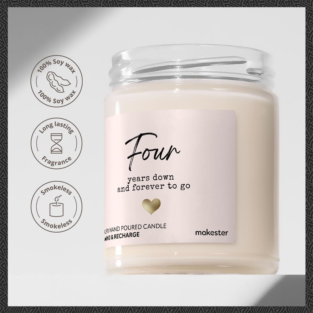 Bougie cadeau 4ème anniversaire de mariage – Cire de soja de luxe – Vanille, jasmin, amande sucrée Makester