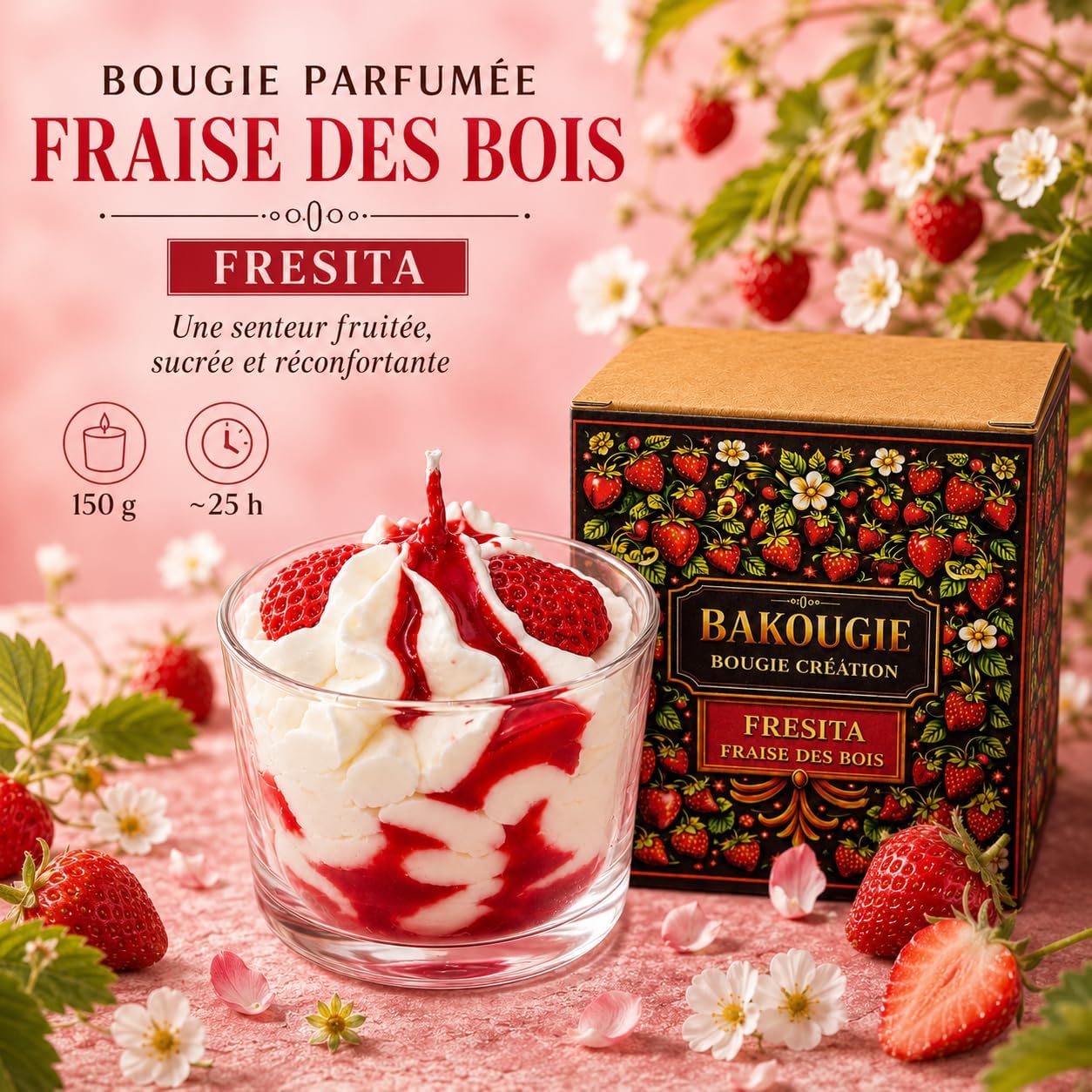 Bougie Parfumée Artisanale Fraise des Bois Fresita, Cire Végétale, Mèche en Coton et Fibre de Lin, 150 g, ~25 Heures de Combustion