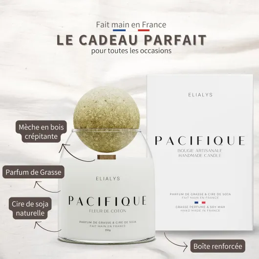 Bougie Parfumée Artisanale au Parfum de Grasse, FLEUR DE COTON, Mèche en Bois Crépitante - PACIFIQUE, 350g, ±70 heures de combustion, Fabriquée en France - Parfum Intense & Longue durée