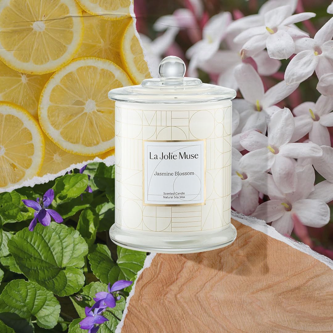 Bougie Parfumées Jasmin,50-65 Heure Durée de Combustion,280g Bougie Coffret Cadeau Maison Décor Bio en Cire Naturellle Blanc