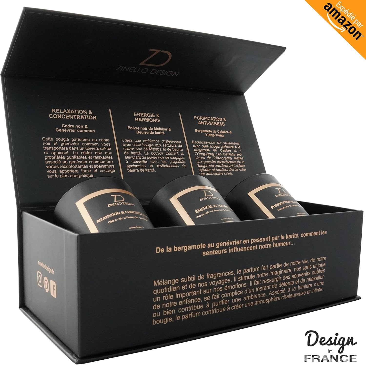 Coffret 3 Bougies Parfumées Aromathérapie - Cadeau Femme Cire Soja Naturelle 100ml - Relaxation Anti-Stress Energie - Idée Cadeau Anniversaire Noël - Zinello Design Sans Carte Personnalisée