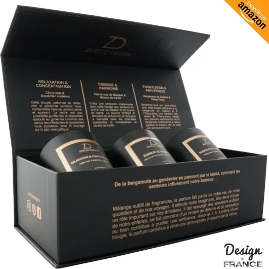 Coffret 3 Bougies Parfumées Aromathérapie - Cadeau Femme Cire Soja Naturelle 100ml - Relaxation Anti-Stress Energie - Idée Cadeau Anniversaire Noël - Zinello Design Sans Carte Personnalisée