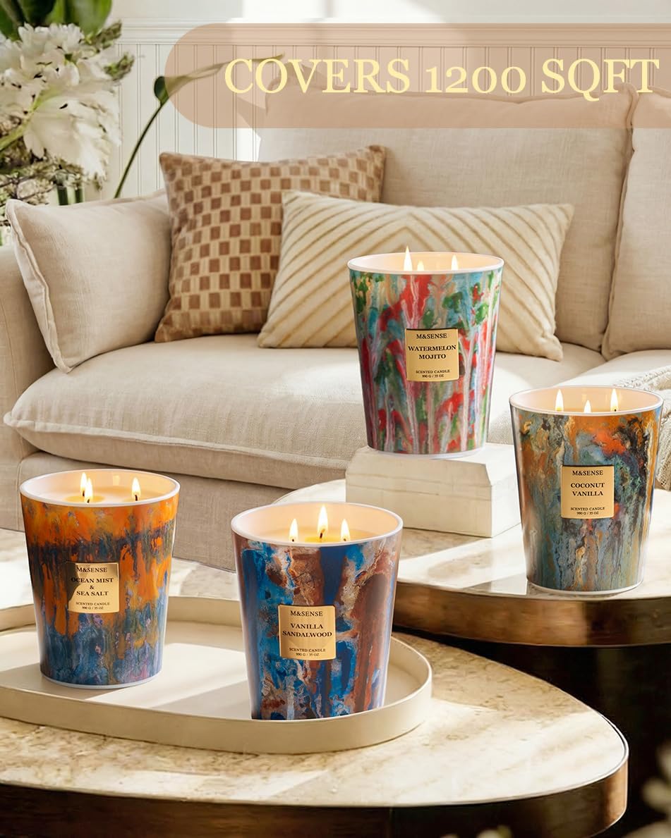 M&SENSE Grande Bougie Parfumée 3 Mèches, 990g Cire de Soja 'Mojito Pastèque' Fruitée, 150 Heures, Bougie Décorative Luxe Verre Peinture à l'Huile, Cadeau Femme Fête Salon Ambiance Estivale