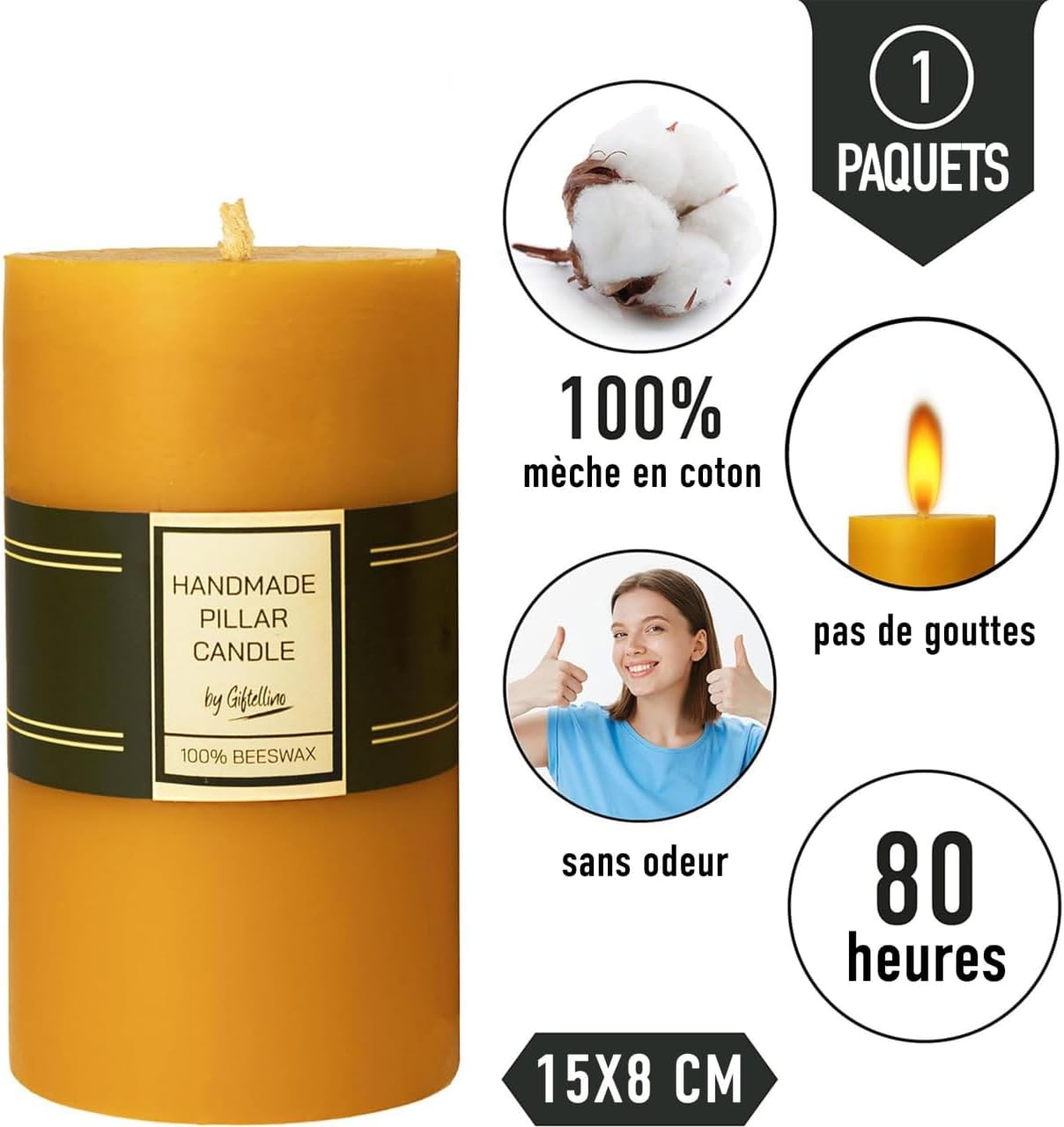 Bougie Pilier en 100% Pure Cire d'Abeille Extra Large - Durée de 80 Heures - Cire d'Abeille Pure et Mèche en Coton - Bougie sans Parfum pour les Urgences - Cadeau pour les Amateurs de Bougies