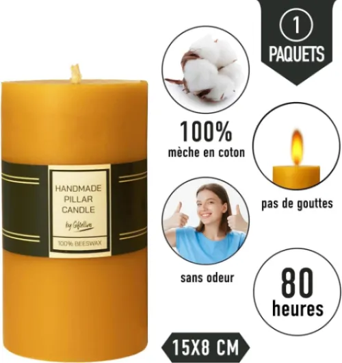 Bougie Pilier en 100% Pure Cire d'Abeille Extra Large - Durée de 80 Heures - Cire d'Abeille Pure et Mèche en Coton - Bougie sans Parfum pour les Urgences - Cadeau pour les Amateurs de Bougies